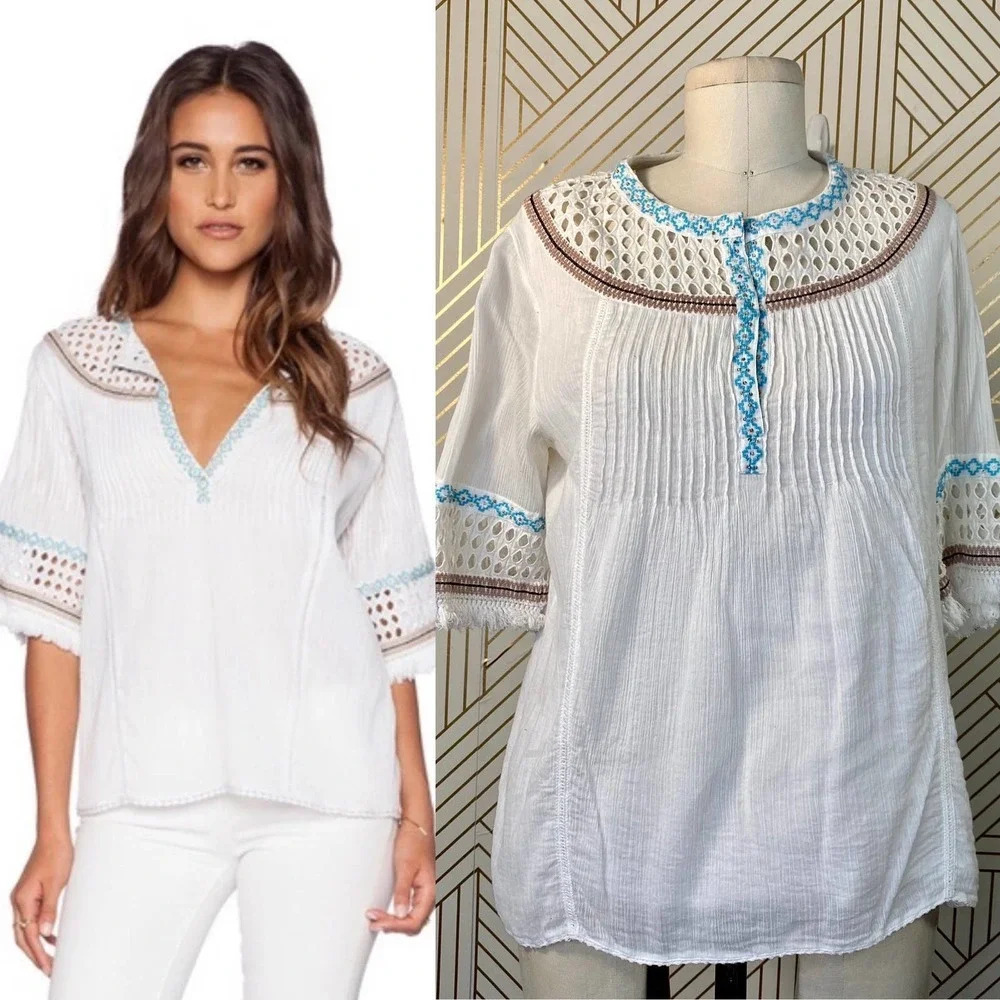 Love Sam Abigail Embroidered Peasant Top‎ in White